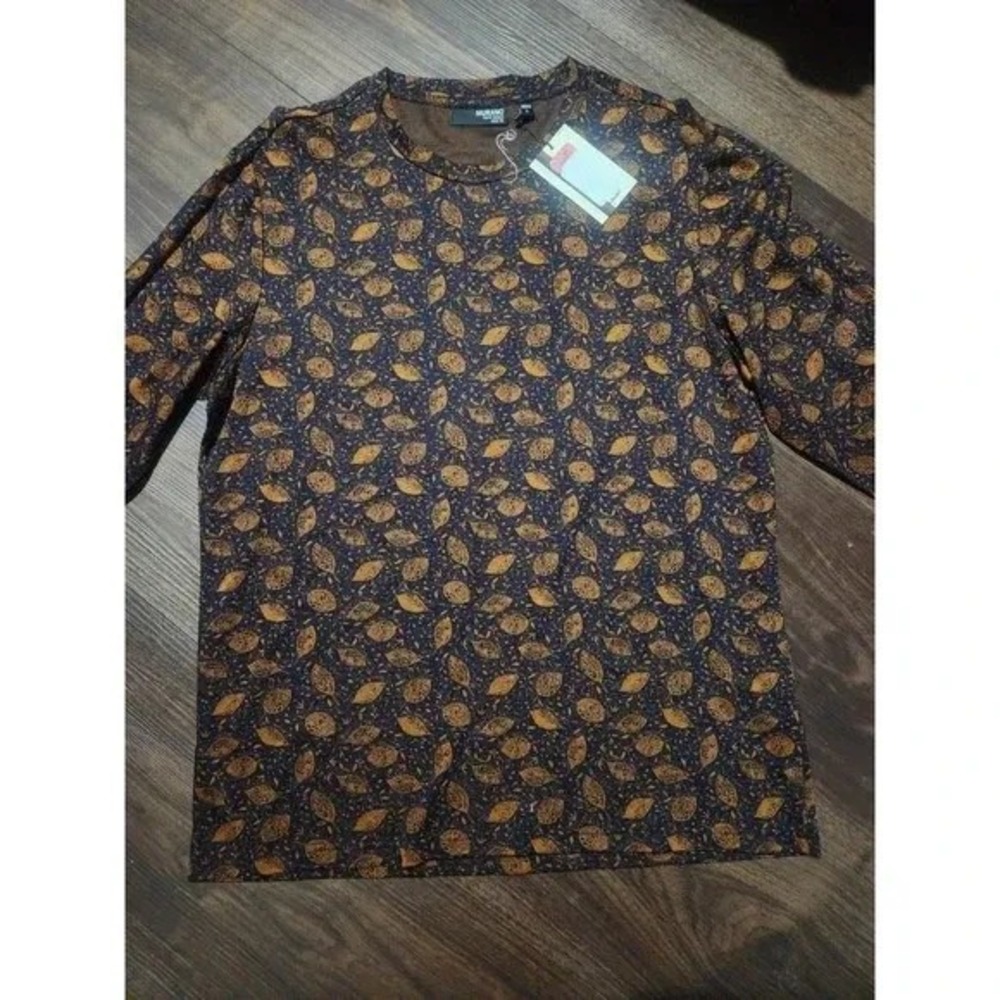 Murano Shirt‎ Mens L Blue Long Sleeve Crew Neck Leaf Print Slim Fit Autumn